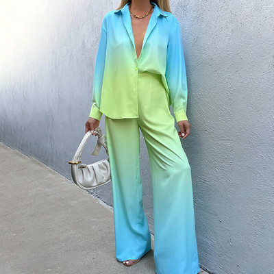 Cămașă elegantă din satin cu mânecă lungă Ținute cu pantaloni drepti 2023 Costum de damă de primăvară High Street Bluză lejeră degradată Set 2 piese