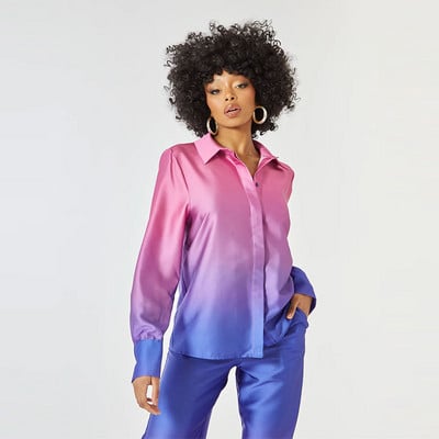 Cămașă elegantă din satin cu mânecă lungă Ținute cu pantaloni drepti 2023 Costum de damă de primăvară High Street Bluză lejeră degradată Set 2 piese