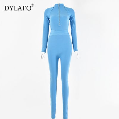 100 % megztos medvilnės briaunotas Sexy Bodycon Kombinezonas Moteriškas užtrauktukas V kaklo ilgomis rankovėmis Fitness Rompers Moteriškas kombinezonas žiemos žaidimų kostiumas