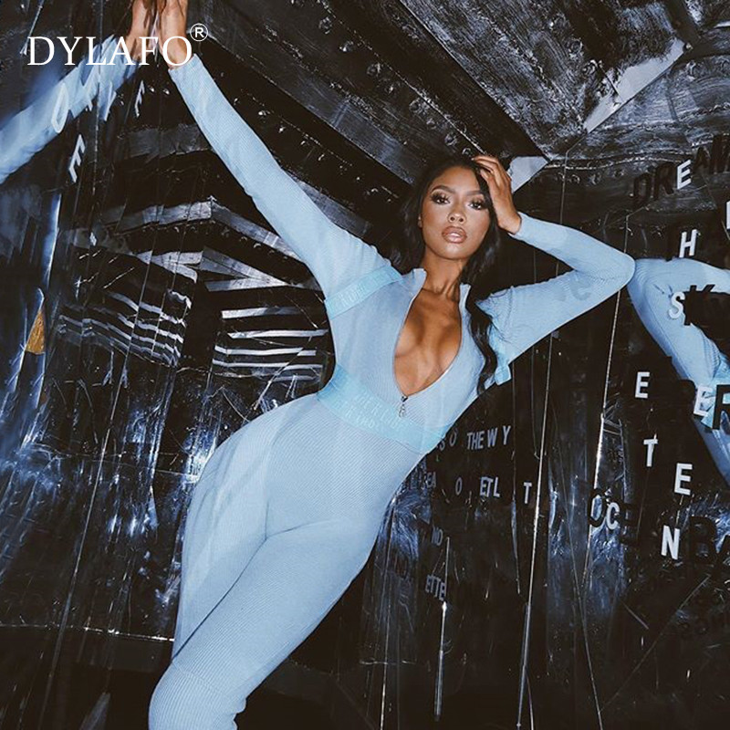 100 % megztos medvilnės briaunotas Sexy Bodycon Kombinezonas Moteriškas užtrauktukas V kaklo ilgomis rankovėmis Fitness Rompers Moteriškas kombinezonas žiemos žaidimų kostiumas