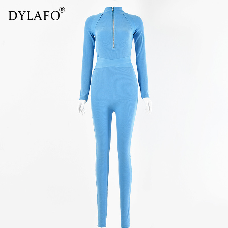 100 % megztos medvilnės briaunotas Sexy Bodycon Kombinezonas Moteriškas užtrauktukas V kaklo ilgomis rankovėmis Fitness Rompers Moteriškas kombinezonas žiemos žaidimų kostiumas