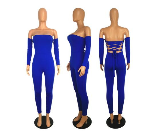 Letné nové dámske oblečenie, modrý overal bez ramienok s chrbtom a ramienkami, dlhý rukáv, dlhé nohavice