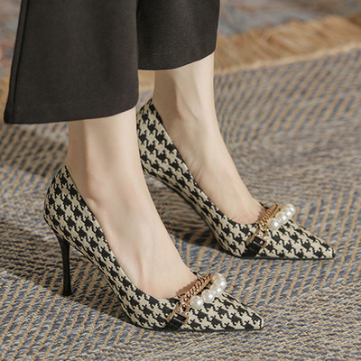 Nove ženske cipele na cipele Super visoke pete Svečane cipele od jacquard tkanine Karirane cipele za čamac na uže perle Špičasti prsti Tanke potpetice 1006N