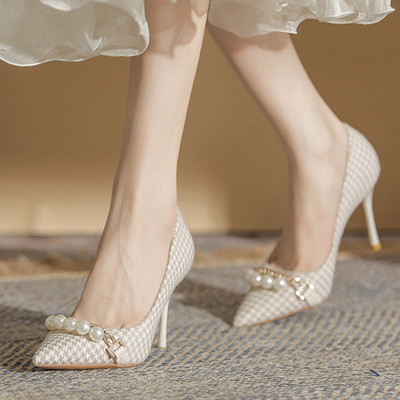 Nove ženske cipele na cipele Super visoke pete Svečane cipele od jacquard tkanine Karirane cipele za čamac na uže perle Špičasti prsti Tanke potpetice 1006N