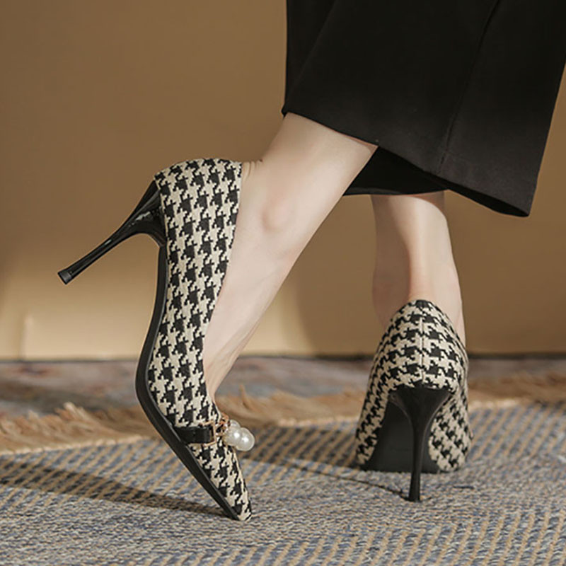 Nove ženske cipele na cipele Super visoke pete Svečane cipele od jacquard tkanine Karirane cipele za čamac na uže perle Špičasti prsti Tanke potpetice 1006N