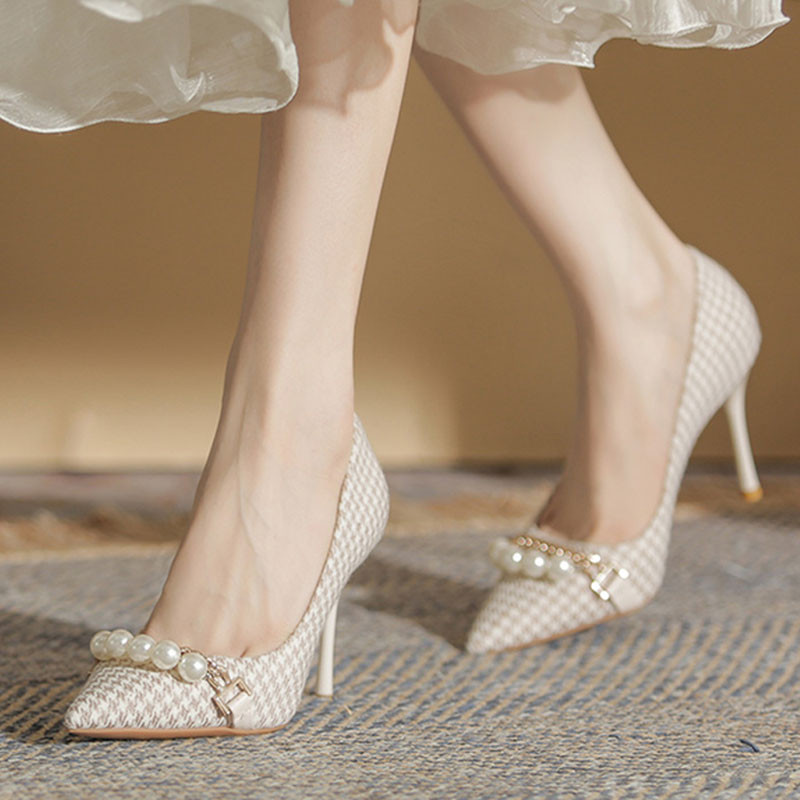 Nove ženske cipele na cipele Super visoke pete Svečane cipele od jacquard tkanine Karirane cipele za čamac na uže perle Špičasti prsti Tanke potpetice 1006N