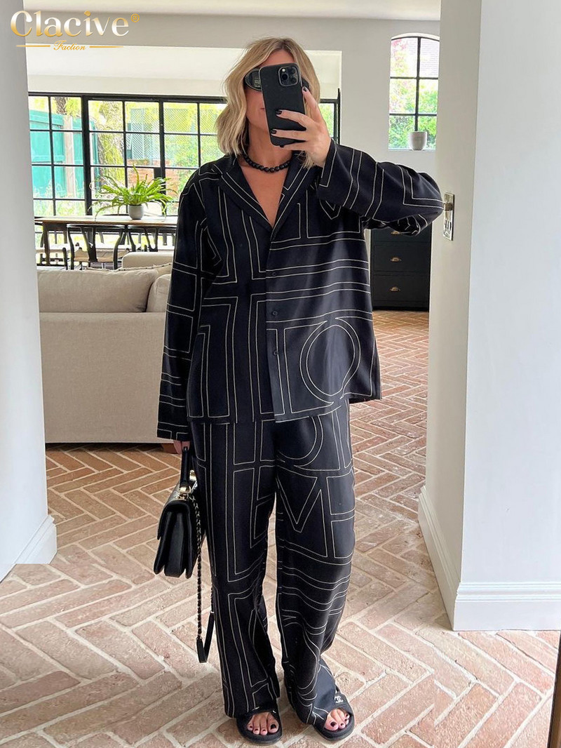 Clacive Modna bluza dugih rukava Kompleti od 2 komada Ženska odjeća Elegantni komplet širokih hlača s printom Ležerna odijela sa širokim hlačama visokog struka