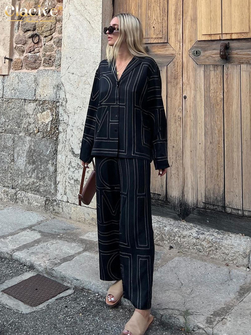 Clacive Modna bluza dugih rukava Kompleti od 2 komada Ženska odjeća Elegantni komplet širokih hlača s printom Ležerna odijela sa širokim hlačama visokog struka