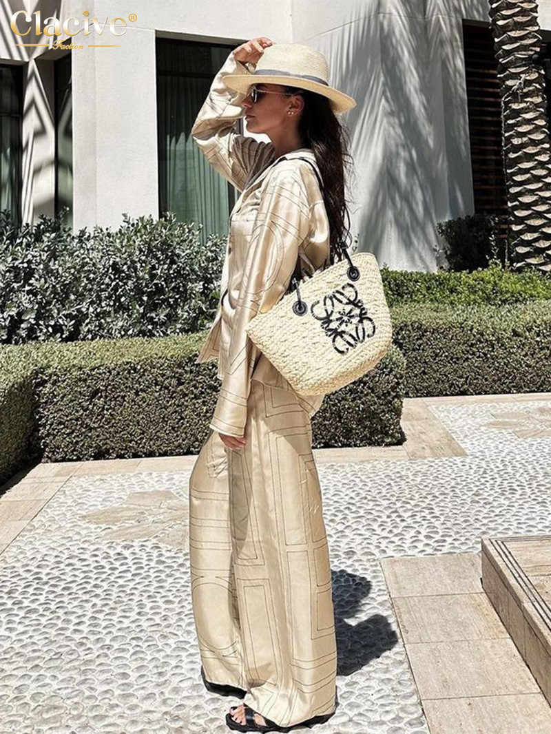 Clacive Modna bluza dugih rukava Kompleti od 2 komada Ženska odjeća Elegantni komplet širokih hlača s printom Ležerna odijela sa širokim hlačama visokog struka
