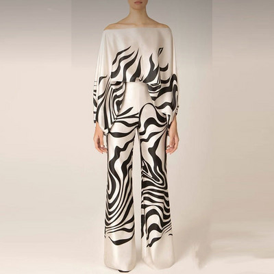 Elegantni ženski satenski šik 2-dijelni kompleti, modne majice s polurukavima s otvorenim ramenima i odijela širokih nogavica, ležerna široka odjeća s printom