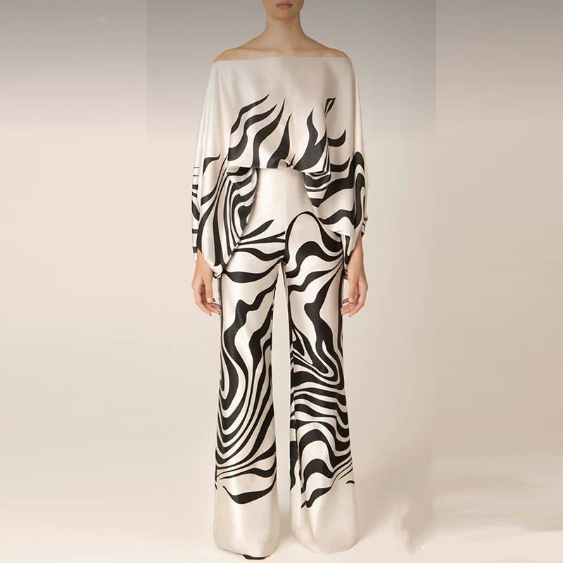 Elegantni ženski satenski šik 2-dijelni kompleti, modne majice s polurukavima s otvorenim ramenima i odijela širokih nogavica, ležerna široka odjeća s printom