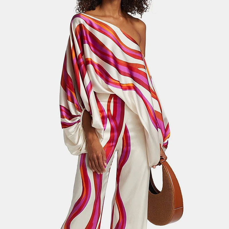 Elegantni ženski satenski šik 2-dijelni kompleti, modne majice s polurukavima s otvorenim ramenima i odijela širokih nogavica, ležerna široka odjeća s printom