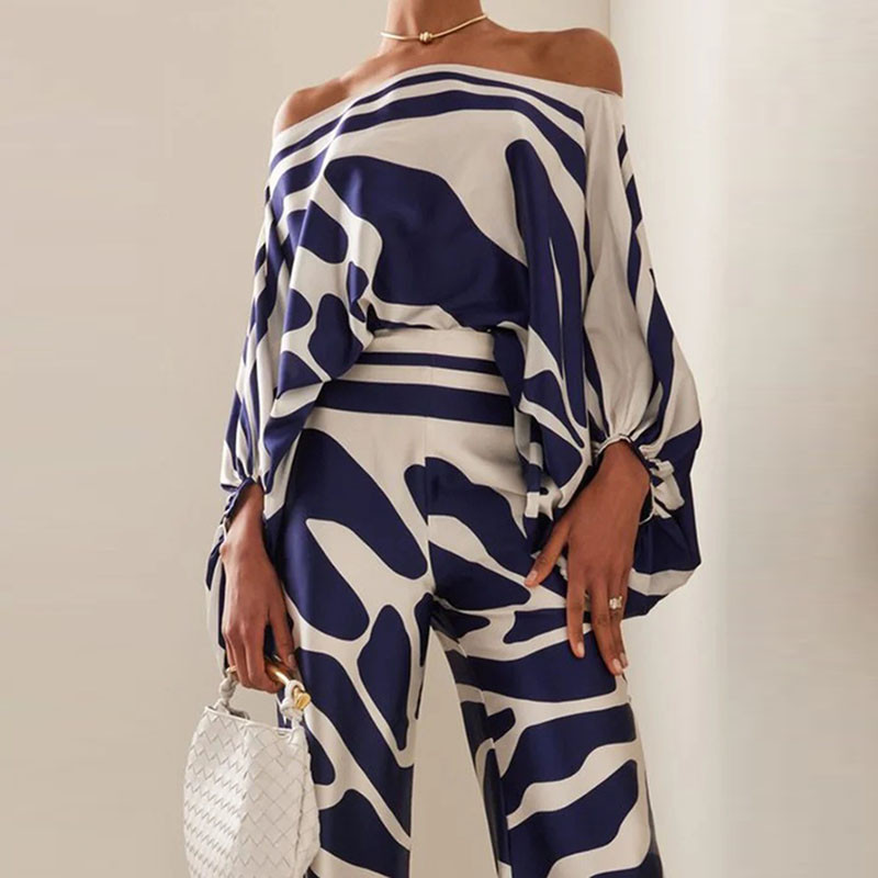 Elegantni ženski satenski šik 2-dijelni kompleti, modne majice s polurukavima s otvorenim ramenima i odijela širokih nogavica, ležerna široka odjeća s printom