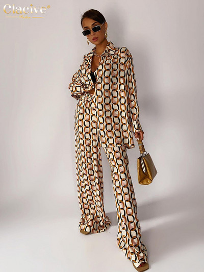 Clacive Fashion Loose Print 2-osalised komplektid Naiste komplekt 2023 Elegantne pikkade varrukatega pluus kõrge vöökohaga laia säärega pükste komplektid naistele