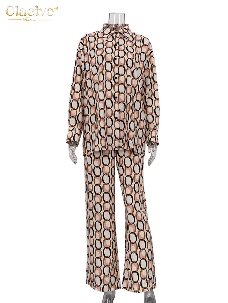 Clacive Fashion Loose Print 2 dalių komplektai Moteriška apranga 2023 m. Elegantiška palaidinė ilgomis rankovėmis su aukštu liemeniu, plačiomis moteriškomis kelnių rinkiniais