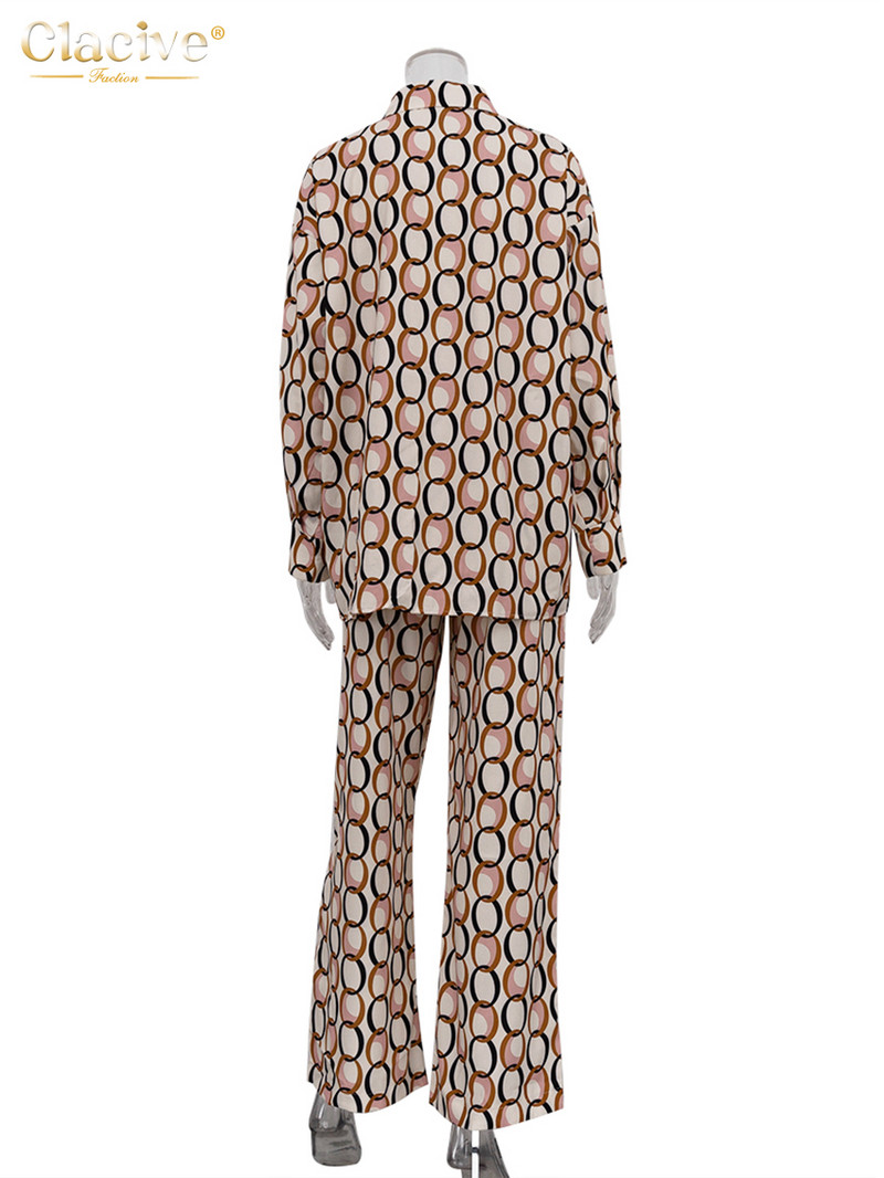 Clacive Fashion Loose Print 2 dalių komplektai Moteriška apranga 2023 m. Elegantiška palaidinė ilgomis rankovėmis su aukštu liemeniu, plačiomis moteriškomis kelnių rinkiniais