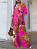 ZANZEA alkalmi laza, vintage nyomtatású 2db nadrágkosztümök, oldalt hasított hosszú ing, női ruhák, széles szárú nadrágok, ingázó nadrágszettek