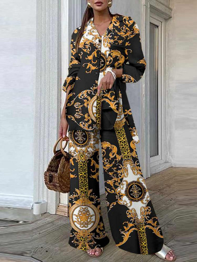 ZANZEA alkalmi laza, vintage nyomtatású 2db nadrágkosztümök, oldalt hasított hosszú ing, női ruhák, széles szárú nadrágok, ingázó nadrágszettek