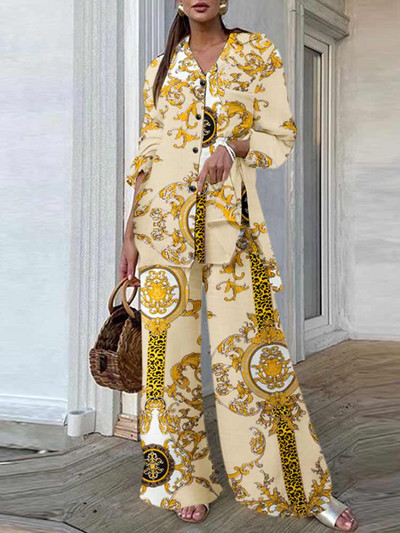 ZANZEA alkalmi laza, vintage nyomtatású 2db nadrágkosztümök, oldalt hasított hosszú ing, női ruhák, széles szárú nadrágok, ingázó nadrágszettek