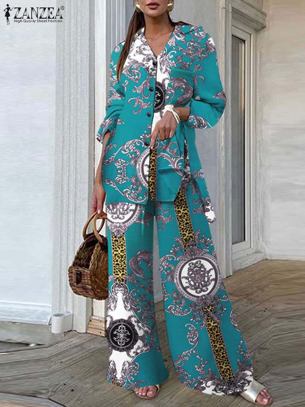 ZANZEA alkalmi laza, vintage nyomtatású 2db nadrágkosztümök, oldalt hasított hosszú ing, női ruhák, széles szárú nadrágok, ingázó nadrágszettek