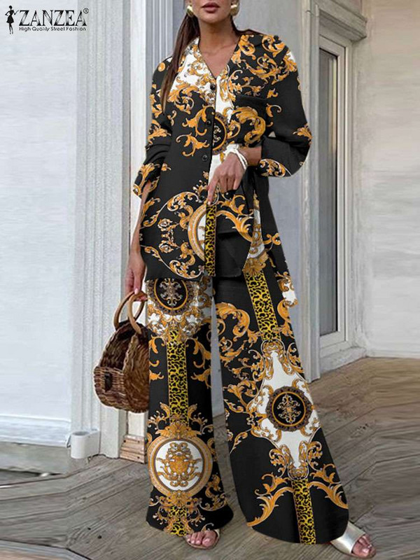 ZANZEA alkalmi laza, vintage nyomtatású 2db nadrágkosztümök, oldalt hasított hosszú ing, női ruhák, széles szárú nadrágok, ingázó nadrágszettek