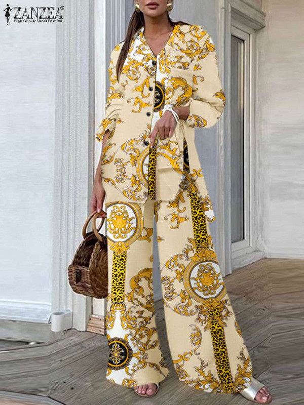 ZANZEA alkalmi laza, vintage nyomtatású 2db nadrágkosztümök, oldalt hasított hosszú ing, női ruhák, széles szárú nadrágok, ingázó nadrágszettek