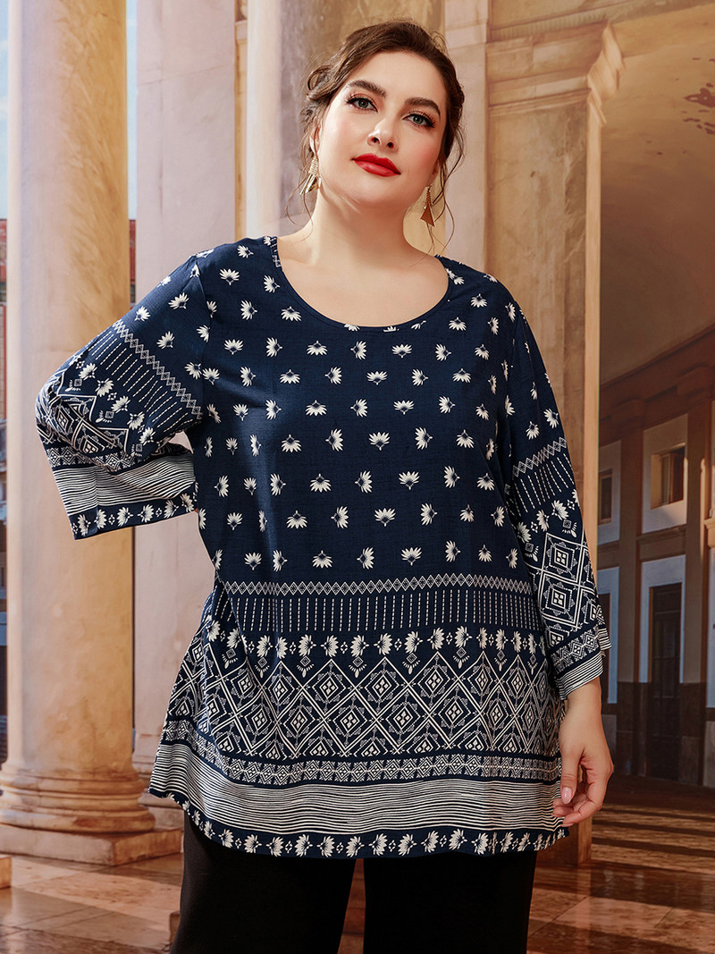 Móda 2022 Dámska letná blúzka Plus Size Dámska s dlhým rukávom Kvetinová potlač Ležérna blúzka Tee Shirt Voľné Nadrozmerné Dámske Topy