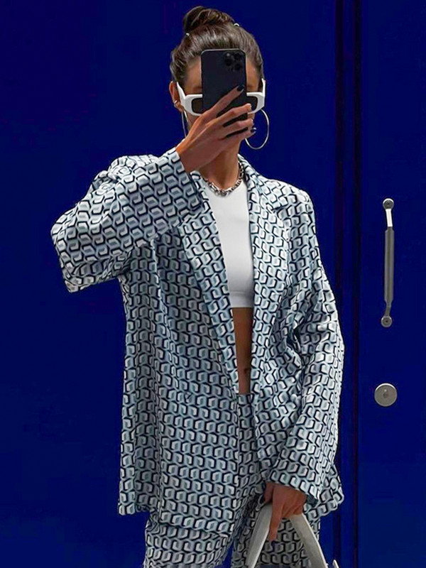 2023 Jesen Zima Ženski uredski satenski kompleti odijela s printom V-izrez dugih rukava 2-dijelni set za hlače