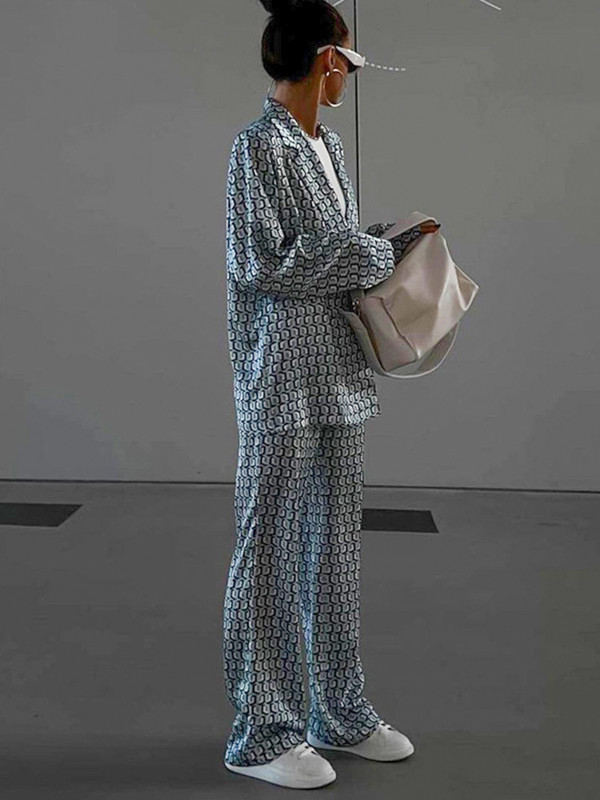 2023 Jesen Zima Ženski uredski satenski kompleti odijela s printom V-izrez dugih rukava 2-dijelni set za hlače