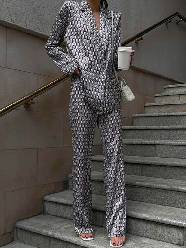 2023 Jesen Zima Ženski uredski satenski kompleti odijela s printom V-izrez dugih rukava 2-dijelni set za hlače