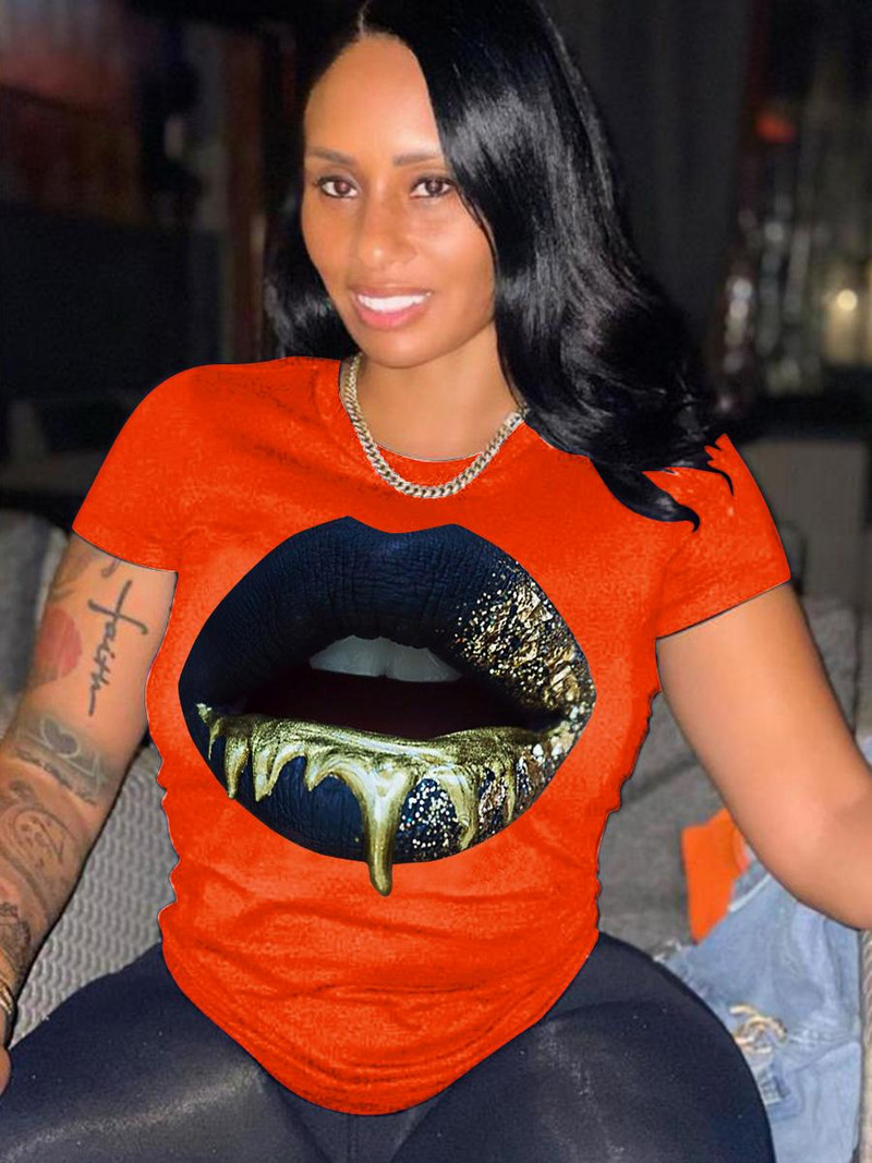 LW Velika majica s okruglim izrezom i printom usana, ženska košulja, seksi majica, majica kratkih rukava, ženska osnovna majica, bijela majica