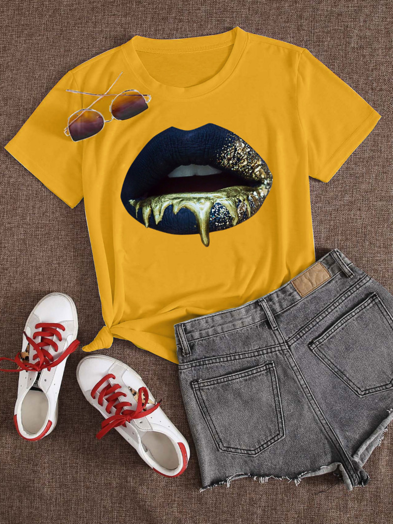 LW Velika majica s okruglim izrezom i printom usana, ženska košulja, seksi majica, majica kratkih rukava, ženska osnovna majica, bijela majica