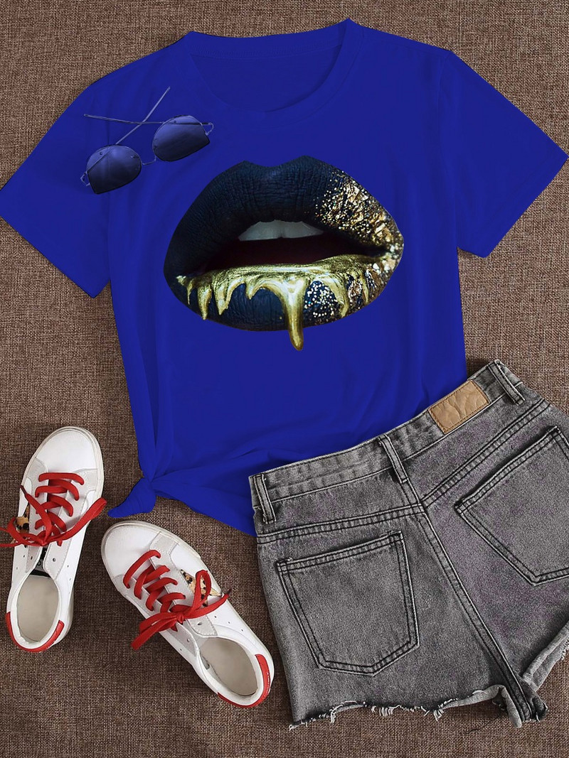 LW Velika majica s okruglim izrezom i printom usana, ženska košulja, seksi majica, majica kratkih rukava, ženska osnovna majica, bijela majica