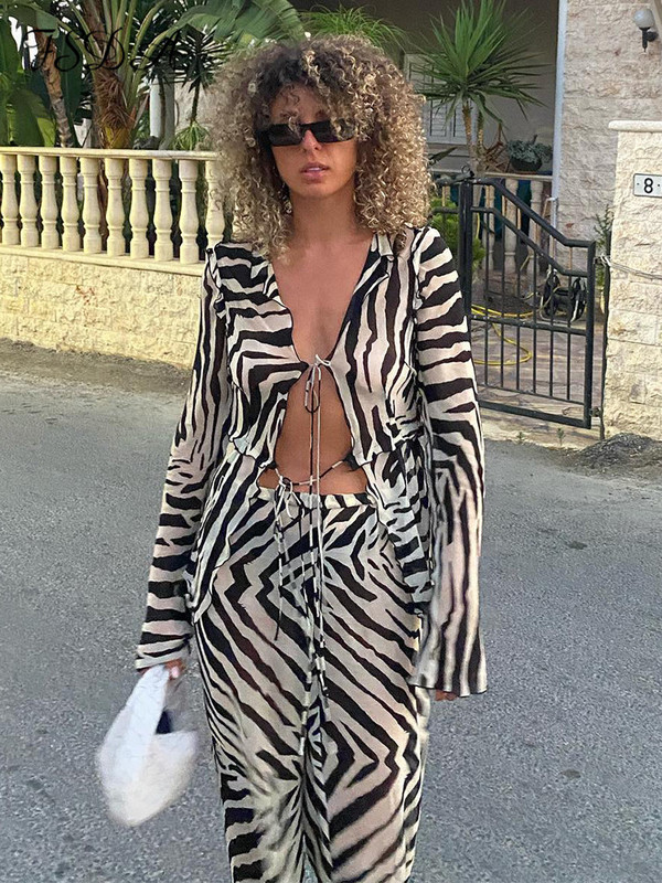 Dámska tepláková súprava FSDA 2022 s potlačou Y2K, dlhým rukávom, košeľou s obväzom a nohavicami, sexy, dvojdielna súprava, ležérne oblečenie, párty, klubové oblečenie