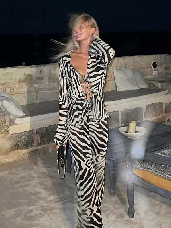 Dámska tepláková súprava FSDA 2022 s potlačou Y2K, dlhým rukávom, košeľou s obväzom a nohavicami, sexy, dvojdielna súprava, ležérne oblečenie, párty, klubové oblečenie