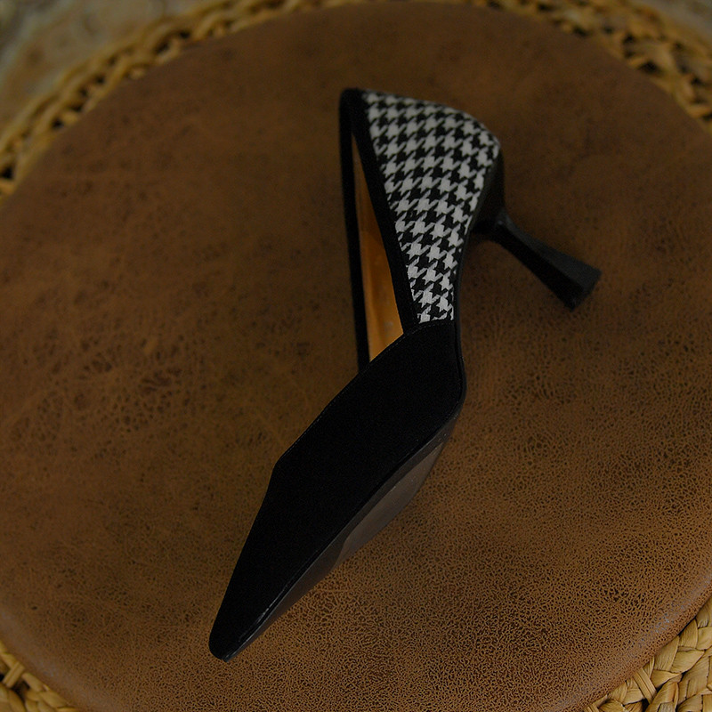 Cipele s petom od 7 CM Karirane ženske cipele na štikle u francuskom stilu Uredske dame Ležerne plitke cipele s visokom petom na špic