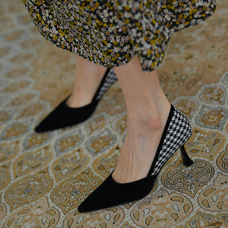 Cipele s petom od 7 CM Karirane ženske cipele na štikle u francuskom stilu Uredske dame Ležerne plitke cipele s visokom petom na špic