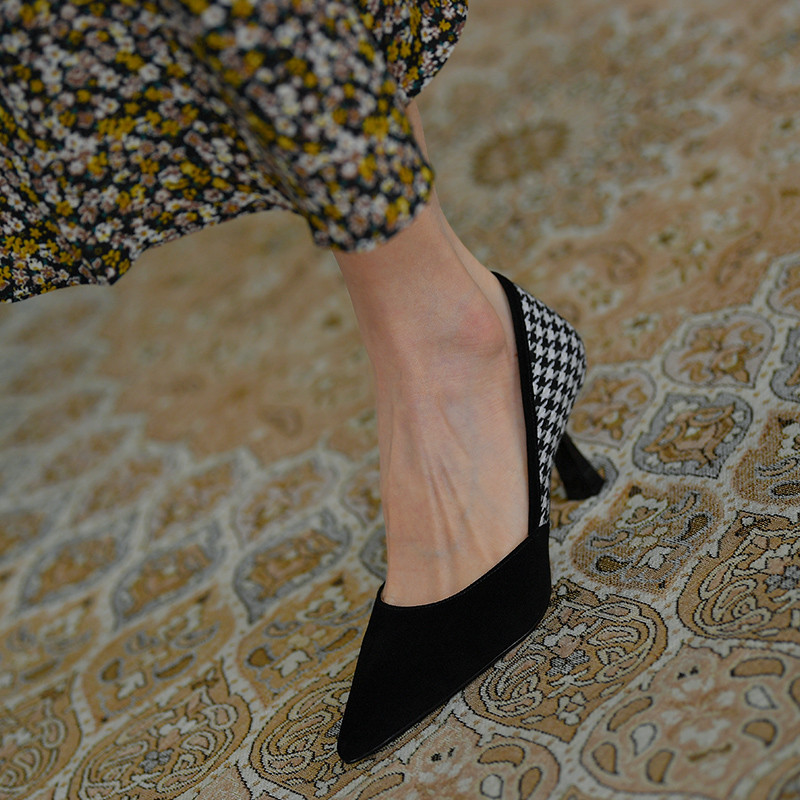 Cipele s petom od 7 CM Karirane ženske cipele na štikle u francuskom stilu Uredske dame Ležerne plitke cipele s visokom petom na špic