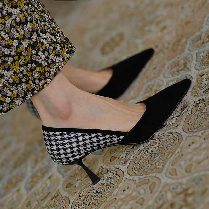 Cipele s petom od 7 CM Karirane ženske cipele na štikle u francuskom stilu Uredske dame Ležerne plitke cipele s visokom petom na špic