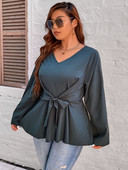 Femei Plus Size 4XL Bluze cu fundă Topuri peplum Tricou negru ocazional pentru doamne mânecă lungă cu decolteu în V Tricouri din bumbac de toamnă Moda