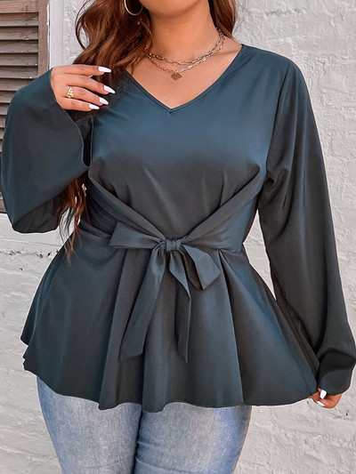 Femei Plus Size 4XL Bluze cu fundă Topuri peplum Tricou negru ocazional pentru doamne mânecă lungă cu decolteu în V Tricouri din bumbac de toamnă Moda