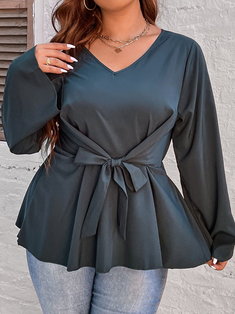 Femei Plus Size 4XL Bluze cu fundă Topuri peplum Tricou negru ocazional pentru doamne mânecă lungă cu decolteu în V Tricouri din bumbac de toamnă Moda