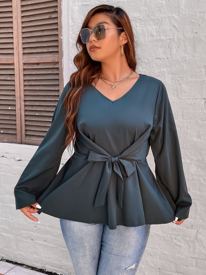 Femei Plus Size 4XL Bluze cu fundă Topuri peplum Tricou negru ocazional pentru doamne mânecă lungă cu decolteu în V Tricouri din bumbac de toamnă Moda