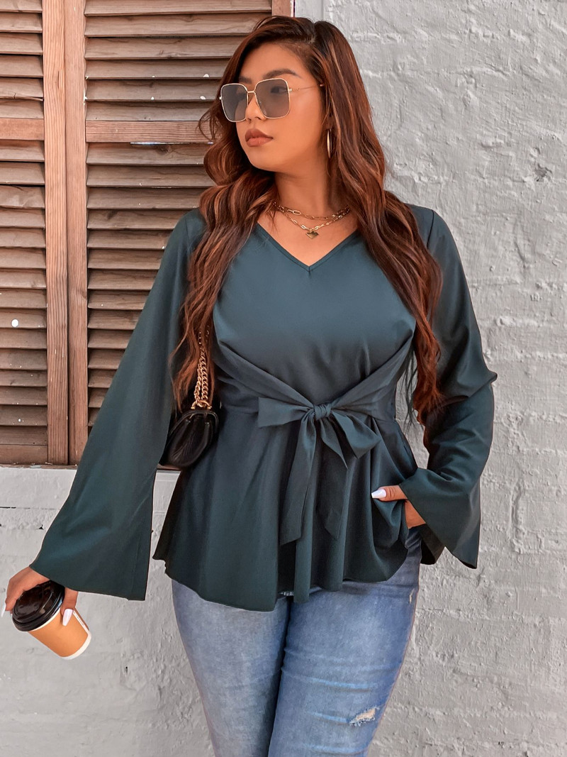 Femei Plus Size 4XL Bluze cu fundă Topuri peplum Tricou negru ocazional pentru doamne mânecă lungă cu decolteu în V Tricouri din bumbac de toamnă Moda