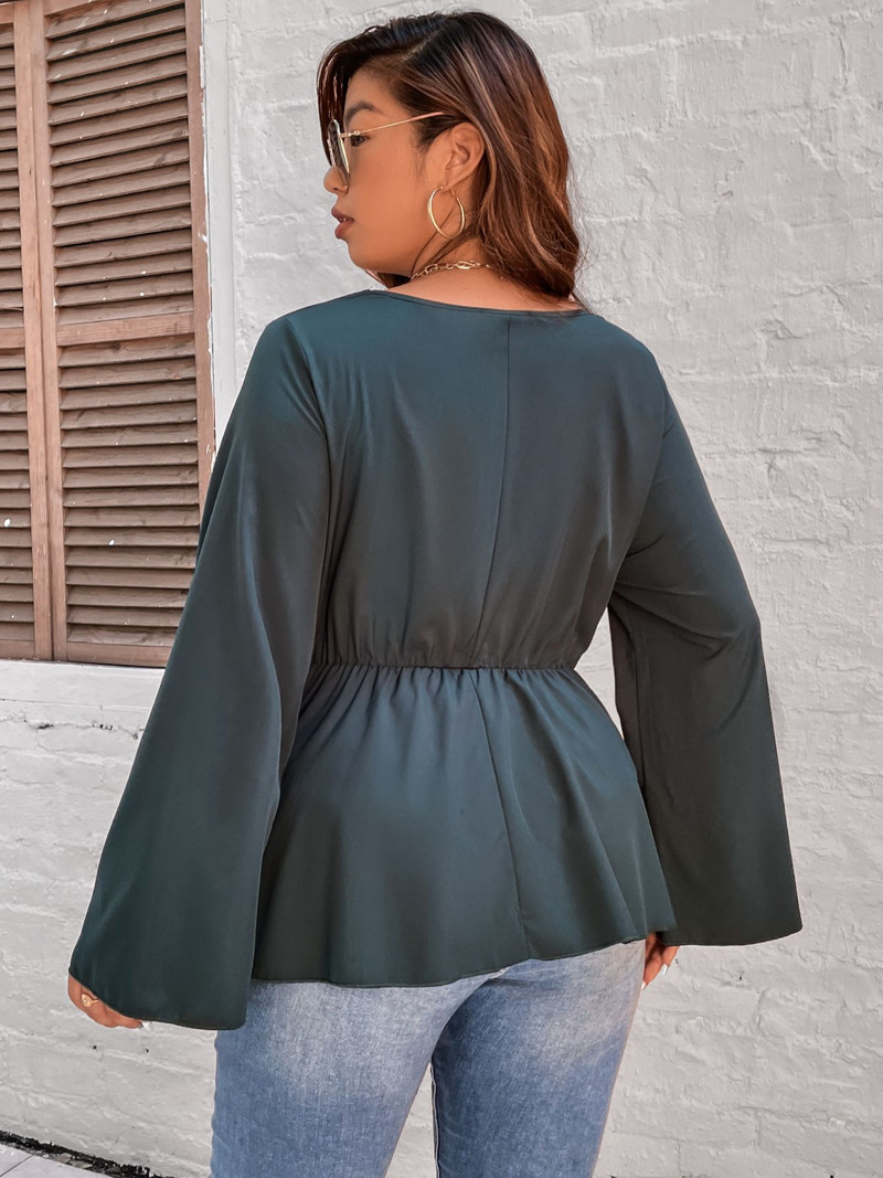 Femei Plus Size 4XL Bluze cu fundă Topuri peplum Tricou negru ocazional pentru doamne mânecă lungă cu decolteu în V Tricouri din bumbac de toamnă Moda