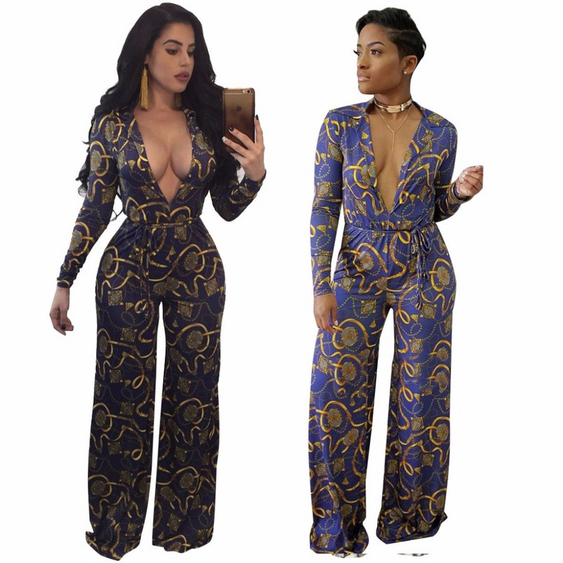 Dámsky overal s potlačou a hlbokým výstrihom do V v plus size veľkosti