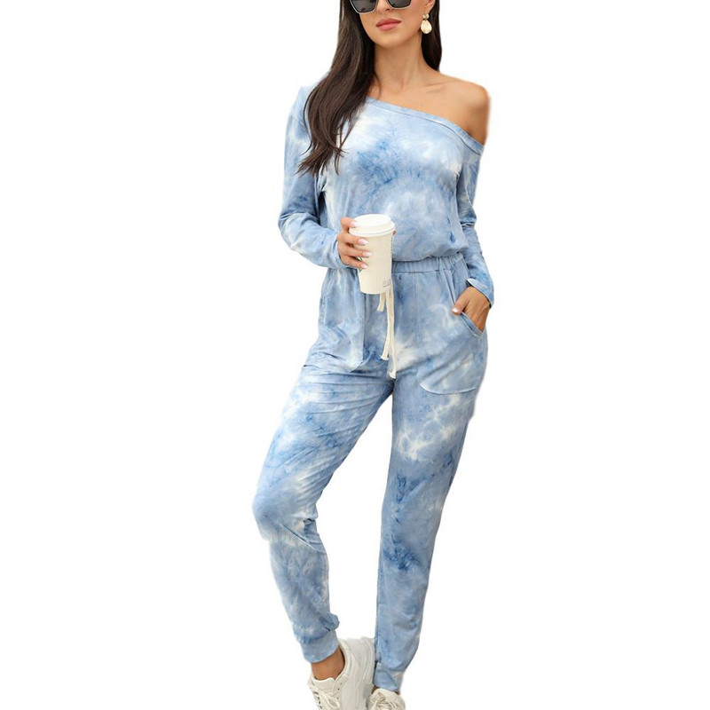 Divatos női, váll nélküli kombiné, nyakkendővel festett overál Elegáns, hétköznapi, hosszú ujjú Bodycon jumpsuit, zsebes női alsónadrággal