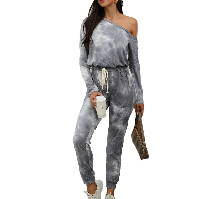 Divatos női, váll nélküli kombiné, nyakkendővel festett overál Elegáns, hétköznapi, hosszú ujjú Bodycon jumpsuit, zsebes női alsónadrággal