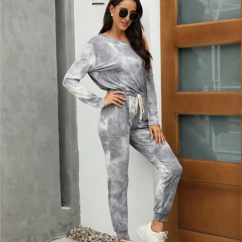 Divatos női, váll nélküli kombiné, nyakkendővel festett overál Elegáns, hétköznapi, hosszú ujjú Bodycon jumpsuit, zsebes női alsónadrággal