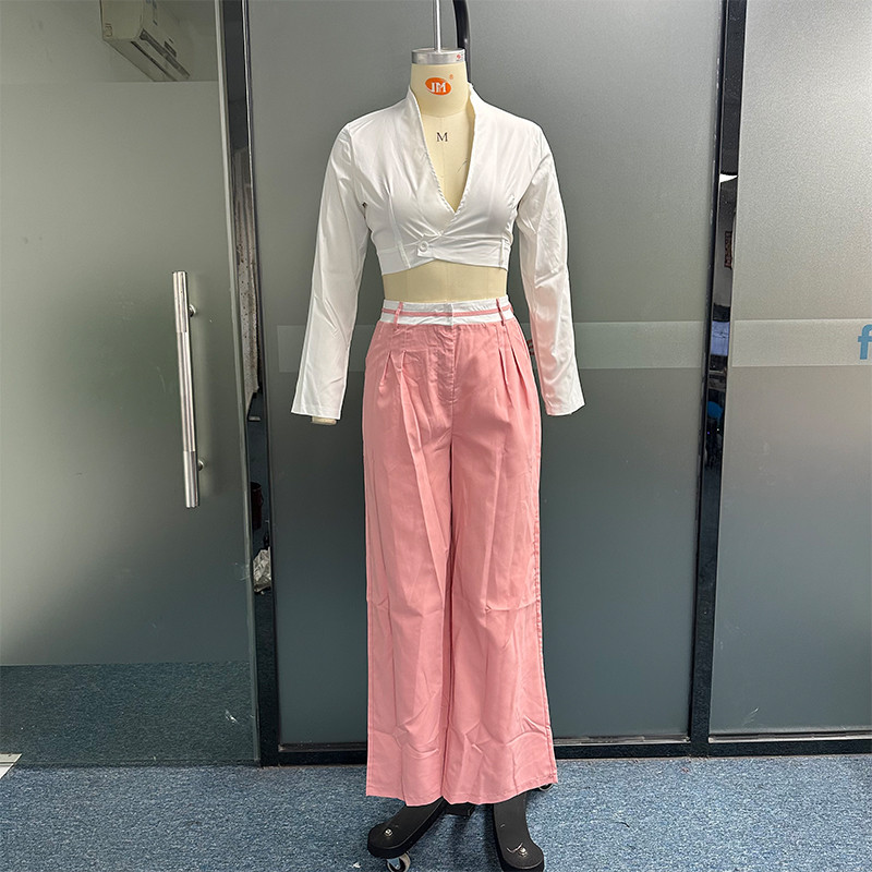 Waytobele női kétrészes divatos masszív hosszú ujjú hajtóka V nyakú, magas, egygombos rövid felső, bő zsebekkel nadrág szettek